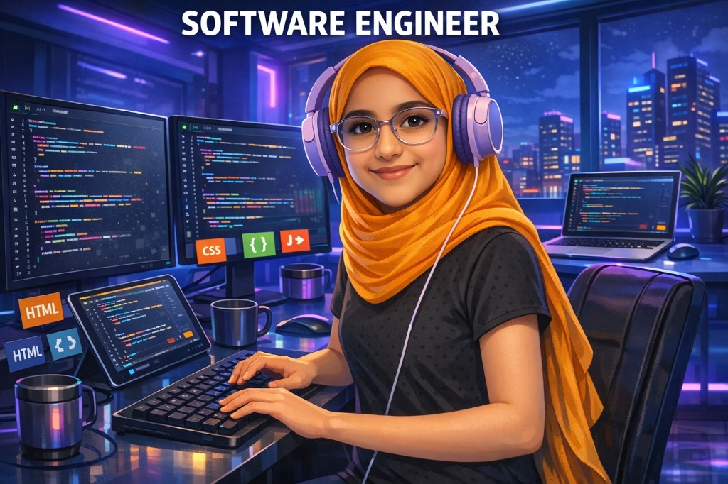 Illustration of Abeeha coding at a desk with monitors