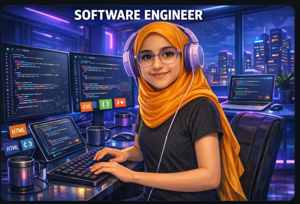 Illustration — Software Engineer: coding at a desk with monitors and tech icons