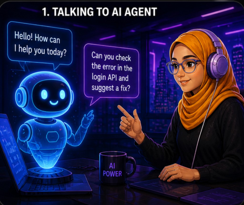 Illustration — Talking to an AI assistant at a laptop with a hologram robot