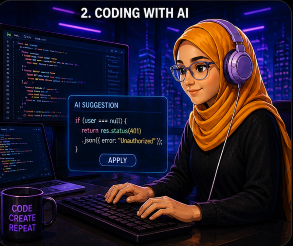 Illustration — Coding with AI: editor with an AI suggestion panel