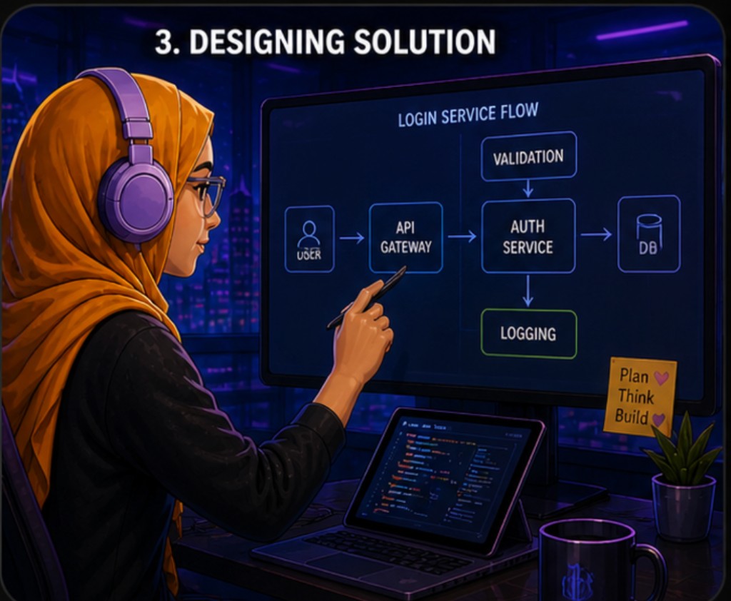 Illustration — Designing a solution: login service flow on a monitor