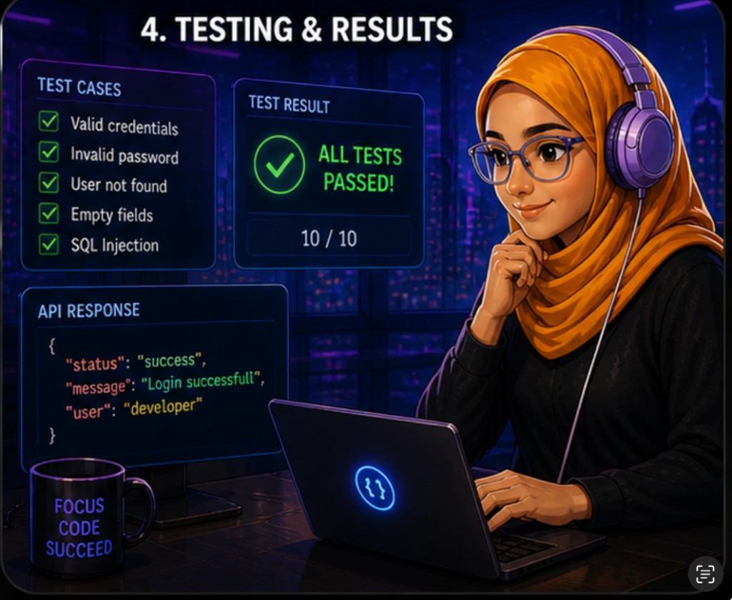 Illustration — Testing and results: passing test cases and API response